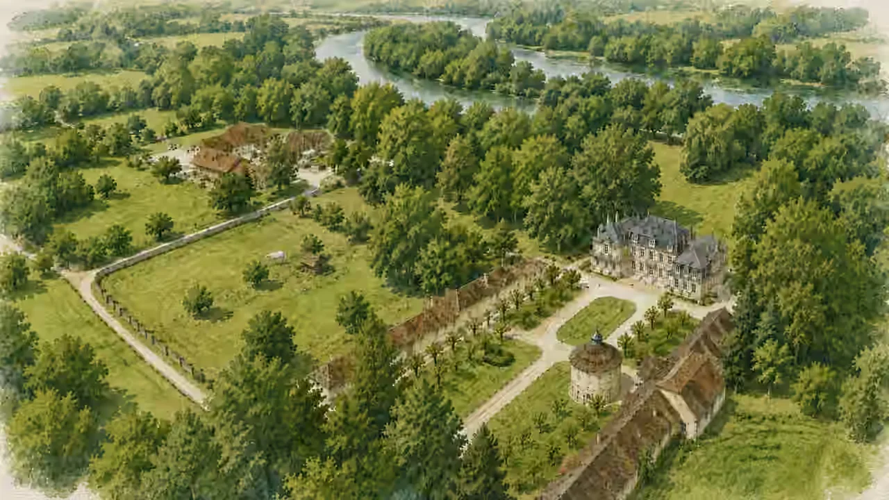 Vue aquarellée du domaine et du Château de Foolz